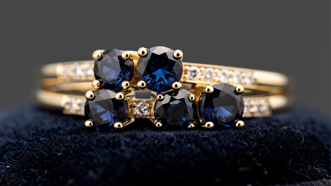 Gros plan de plusieurs bagues en saphir, montures en or et accents de diamants, disposées sur un tissu sombre avec lumière studio et reflets raffinés.