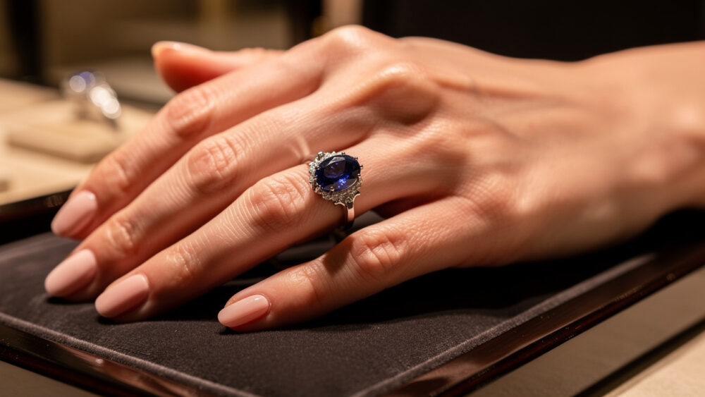 Gros plan d’une main portant une bague en saphir bleu profond dans un écrin de bijouterie élégant, avec une lumière douce et une ambiance raffinée.