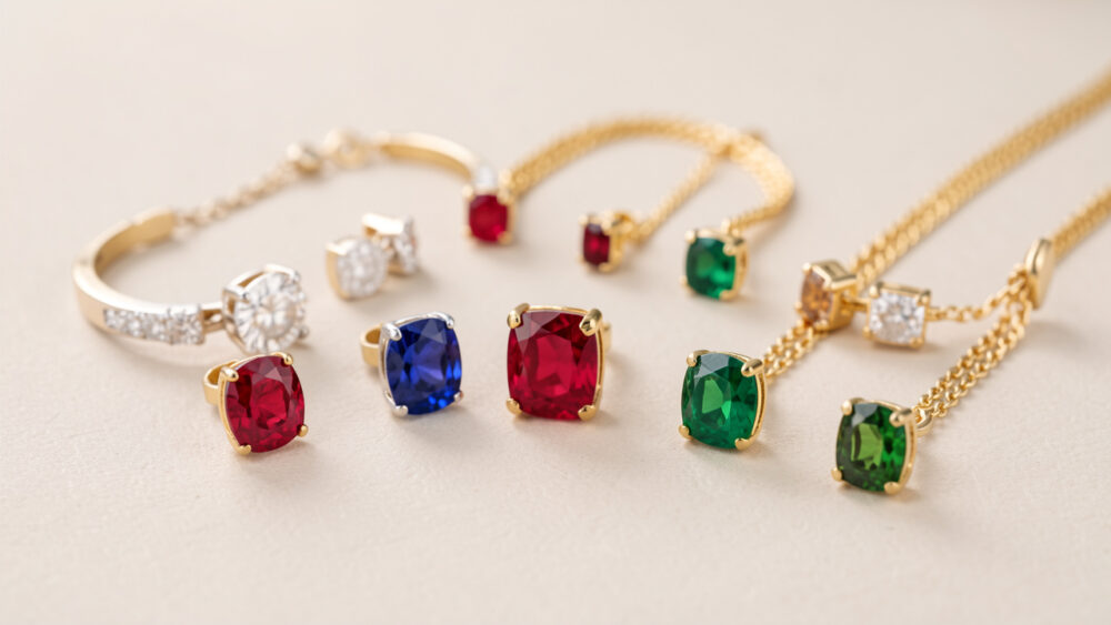 Composition élégante de bijoux en or sertis de diamants, rubis, saphirs et émeraudes, disposés sur un fond clair.