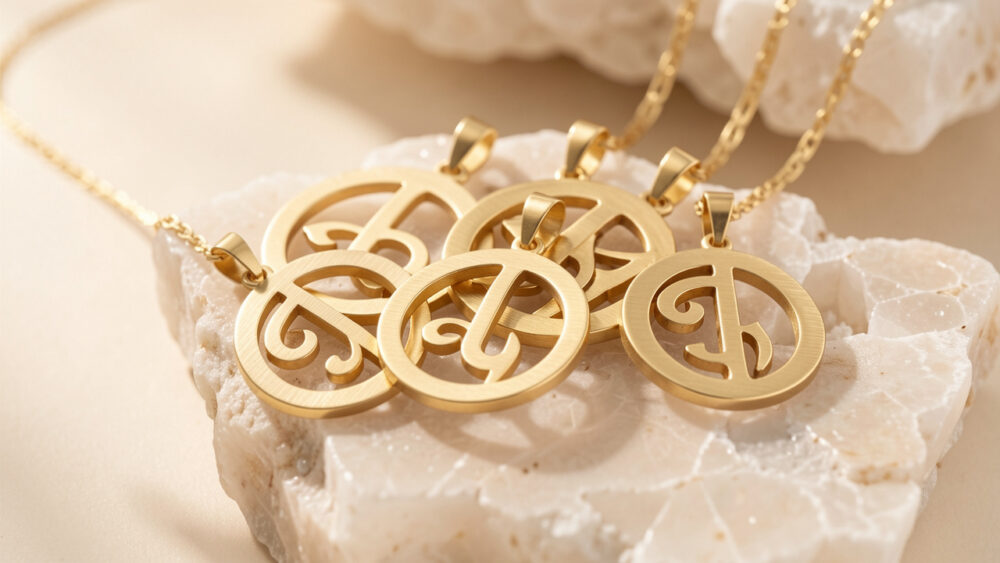 Composition élégante de pendentifs symboliques dorés disposés sur un fond minéral clair, éclairés par une lumière douce.