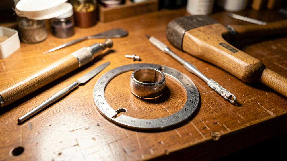 Établi de bijoutier lumineux présentant un triboulet gradué, un bocfil, un maillet en nylon et un anneau en argent en cours de fabrication.