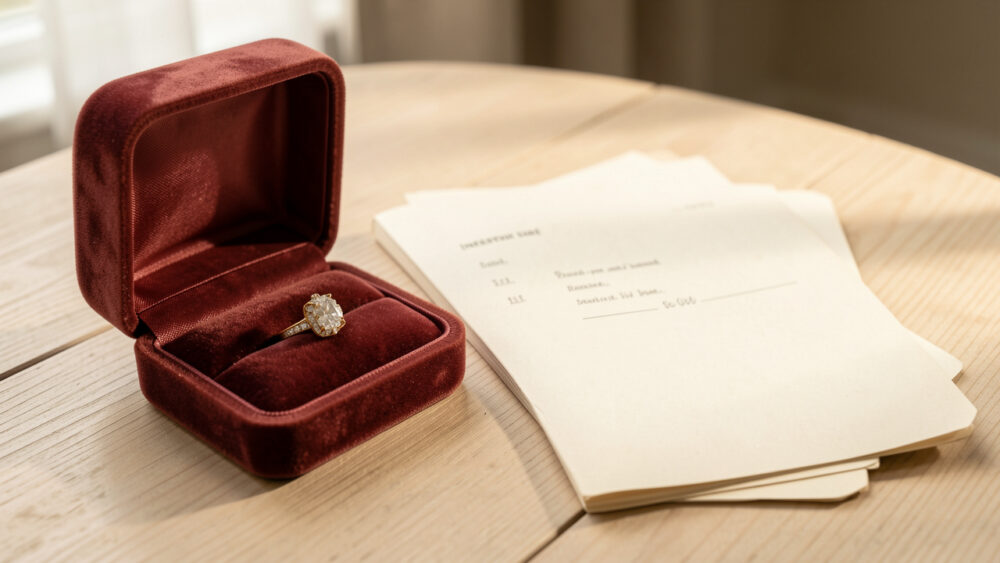 Bague de fiançailles ancienne en or et diamant dans un écrin ouvert, accompagnée de papiers vierges et d’un carnet d’inventaire non marqué sur une table claire, éclairée par la lumière naturelle.