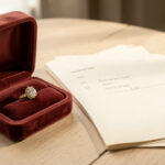 Bague de fiançailles ancienne en or et diamant dans un écrin ouvert, accompagnée de papiers vierges et d’un carnet d’inventaire non marqué sur une table claire, éclairée par la lumière naturelle.