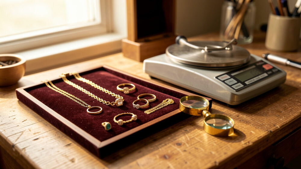 Collier, bagues et bracelets en or disposés sur un plateau de bijoutier avec une balance de précision et une loupe, éclairés par une lumière naturelle douce.