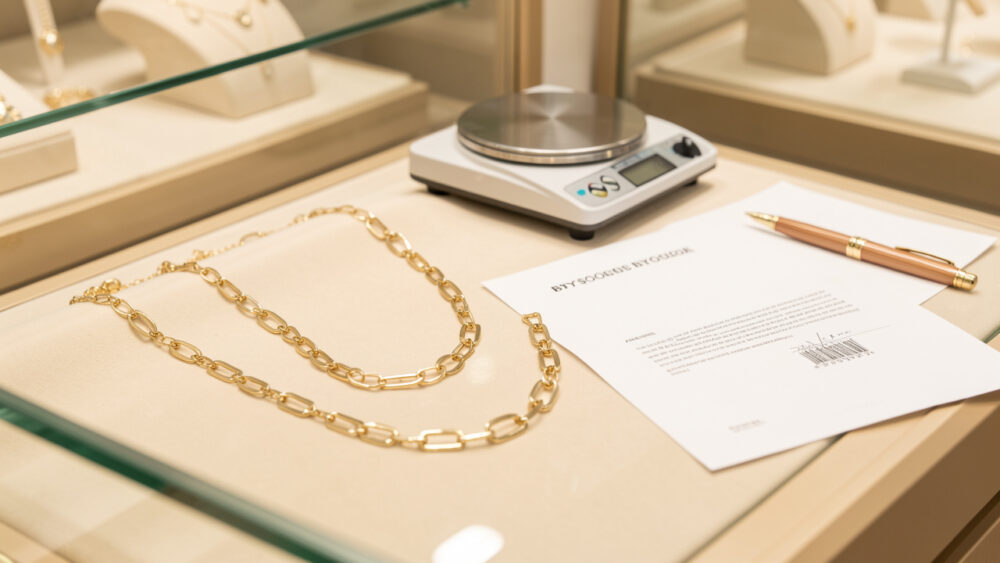 Comptoir de bijouterie lumineux présentant un collier en or dépareillé, une balance de précision, un document vierge de rachat et un stylo.