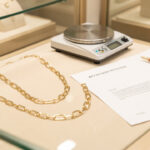 Comptoir de bijouterie lumineux présentant un collier en or dépareillé, une balance de précision, un document vierge de rachat et un stylo.