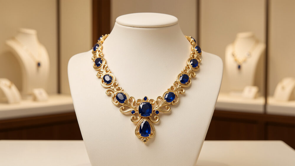 Collier de haute joaillerie en or jaune orné de saphirs bleus, présenté sur un buste ivoire dans un décor sobre et élégamment éclairé.