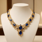 Collier de haute joaillerie en or jaune orné de saphirs bleus, présenté sur un buste ivoire dans un décor sobre et élégamment éclairé.