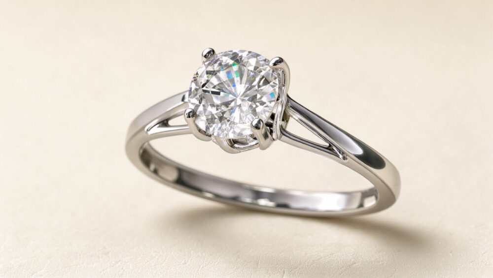 Gros plan d’une bague de haute joaillerie en or blanc ornée d’un diamant suspendu, éclairée par une lumière douce sur fond clair.