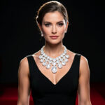 Portrait éditorial d’une femme élégante en robe noire portant un grand collier plastron orné de pierres blanches, éclairée dans une ambiance sophistiquée de tapis rouge sur fond sombre.